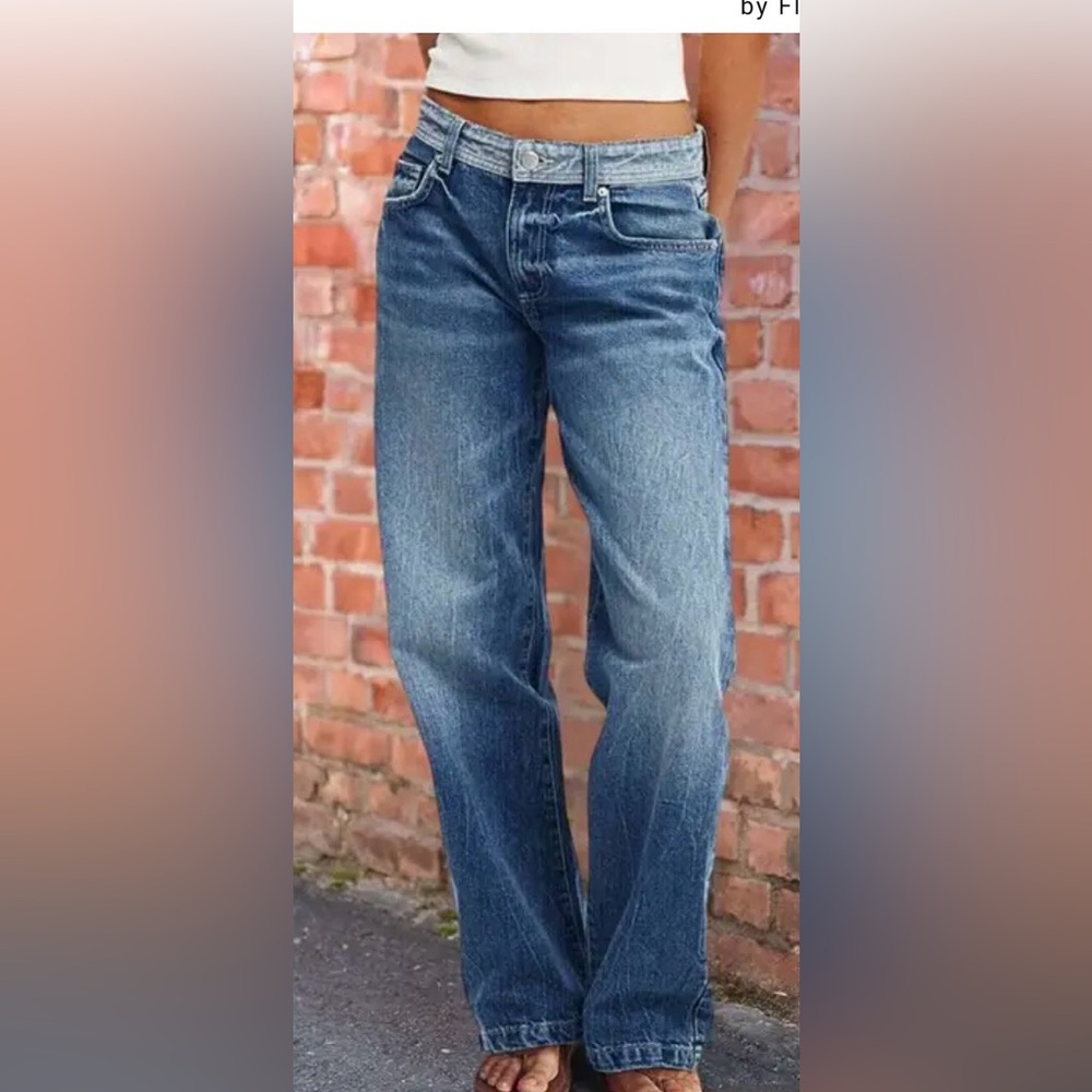 Flamingals Colorblock Flap Pocket Low Rise Straight Leg Jeans